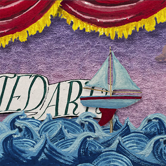painting animation still of blue and red Boat on waves in front of a banner and pink purple sky